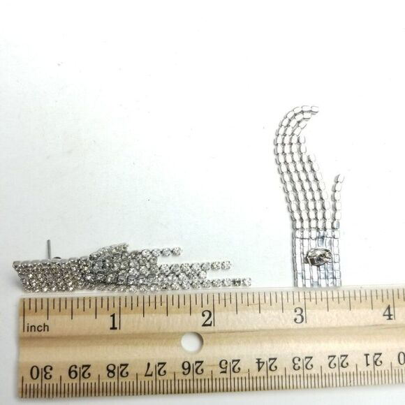 Vintage Fringe Dangle Rhinestone Stud Earrings, Silver Tone 80s 90s Style Estate - Picture 3 of 4